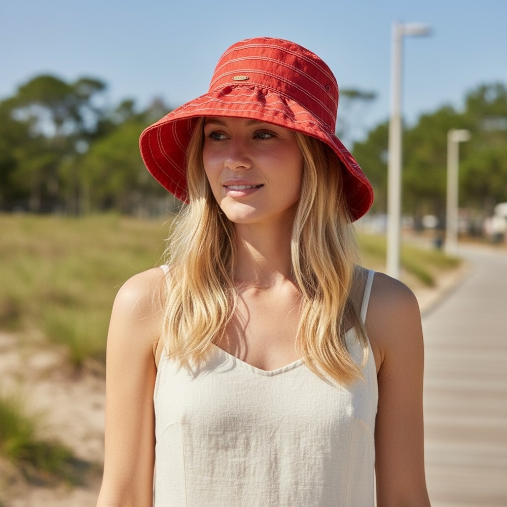 Scala Collezione Red Striped Packable Sun Hat Womens One Size LC579-ASST
